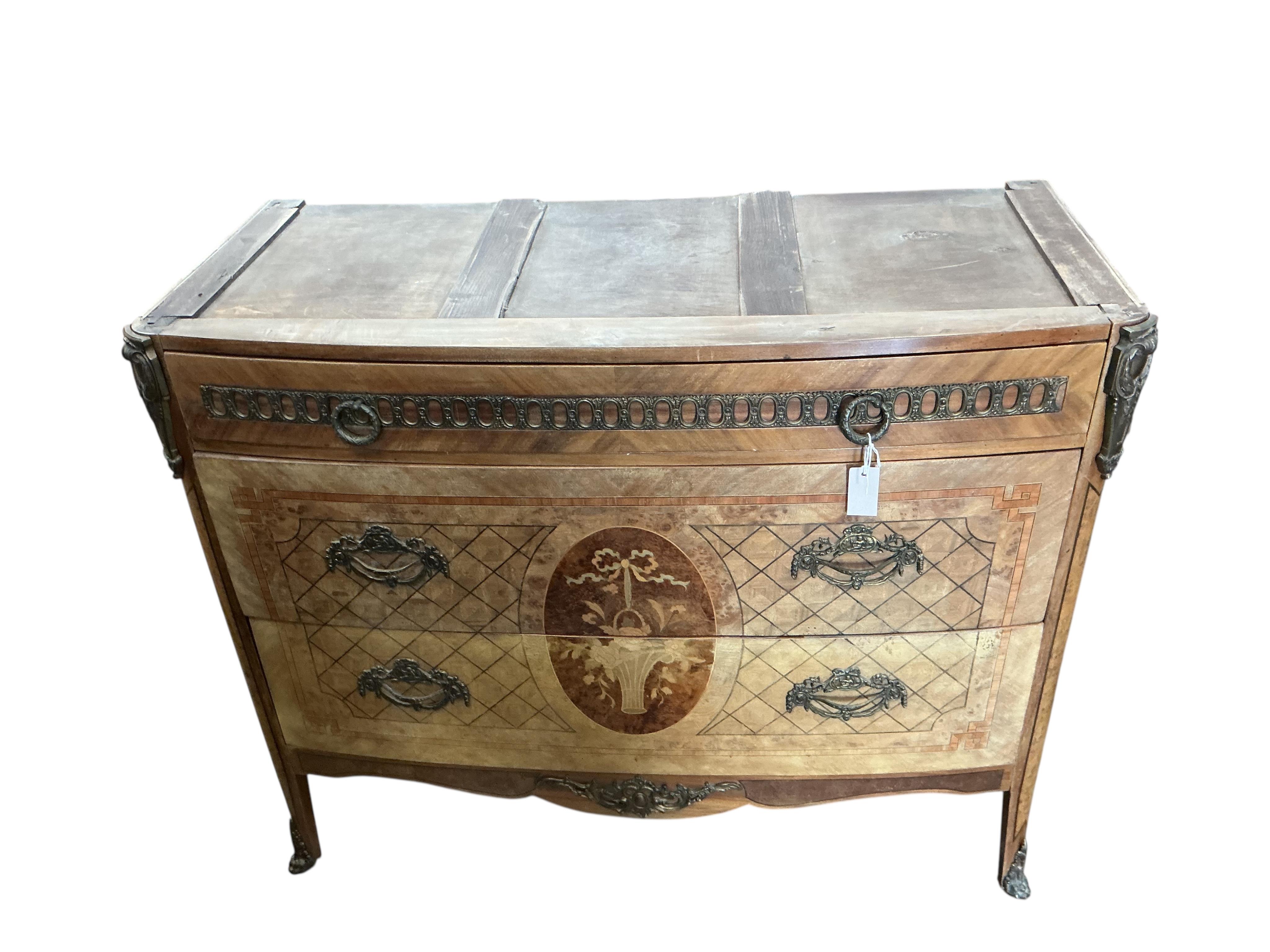 A Louis XVI style marquetry inlaid mahogany commode, lacking marble top, width 122cm, depth 53cm, height 100cm